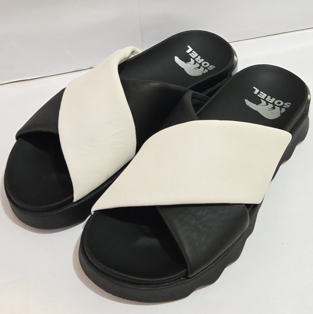 Sorel VIIBE‎ Soft Leather Platform Slide Sandals Black White - Picture 2 of 7